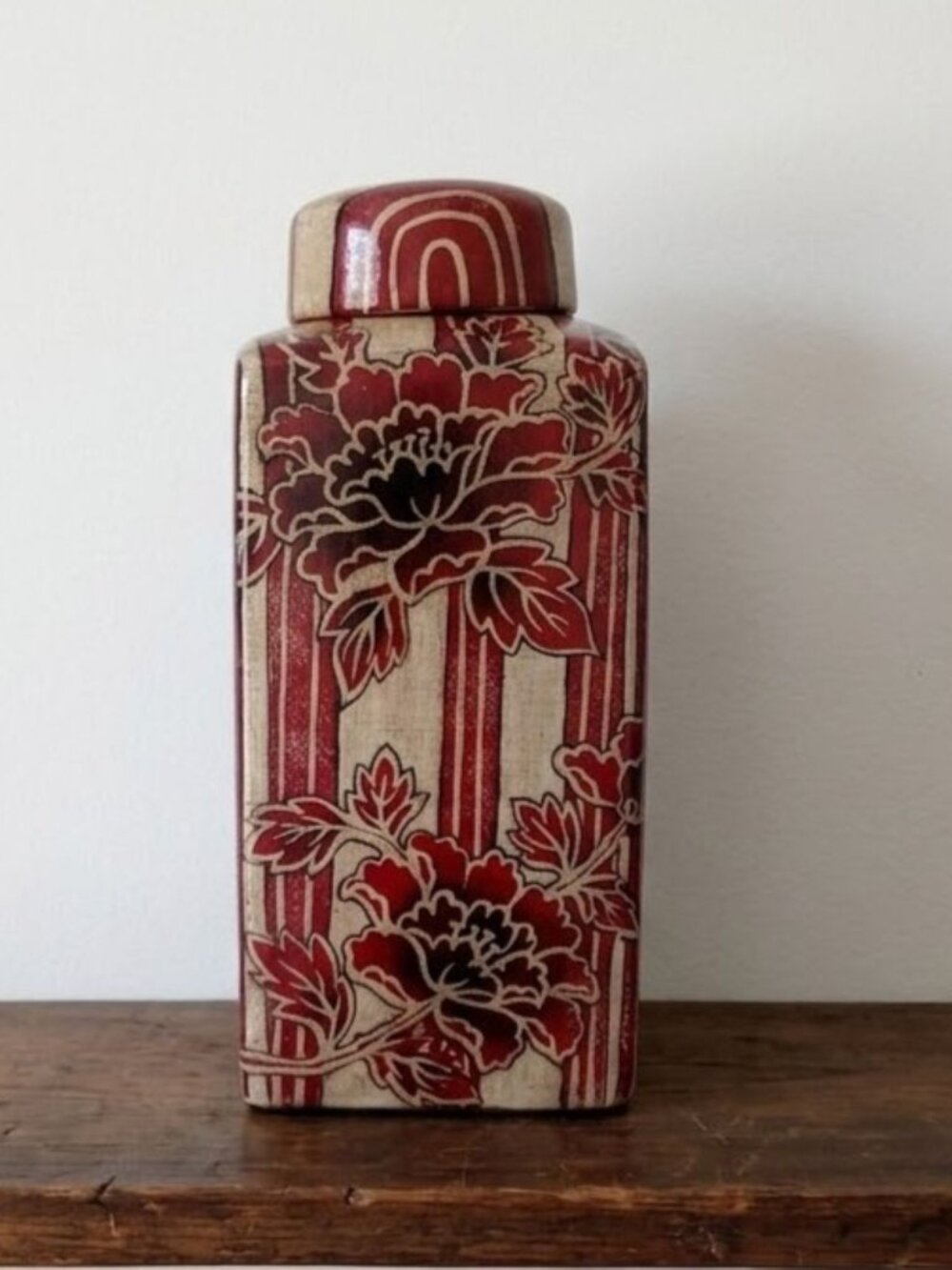 Vintage Chinoiserie Red Peony Ceramic Lidded Vase Ginger Jar 12.5" Floral Y2K